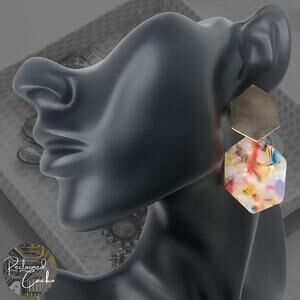 White Multicolor Geometric Drop Earrings